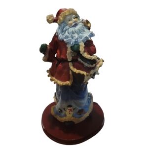 Vintage Santa Claus Ceramic Figurine on Stand w Green Bow 11"